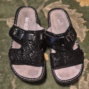 Alegria Black Woven Leather Slide Sandals with Buckle